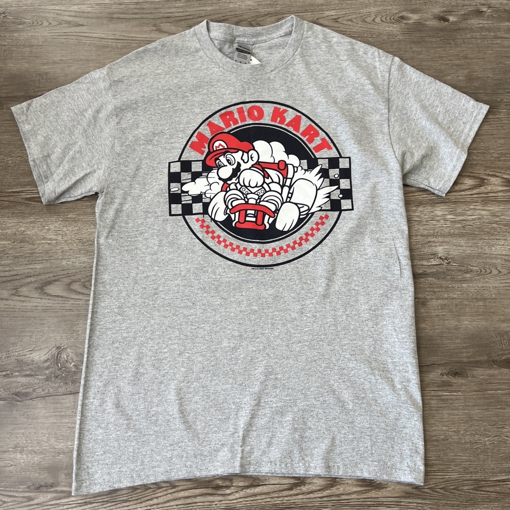 NWT Nintendo Mario Kart Checkered Flag Graphic T-Shirt Mens M Gray Gildan